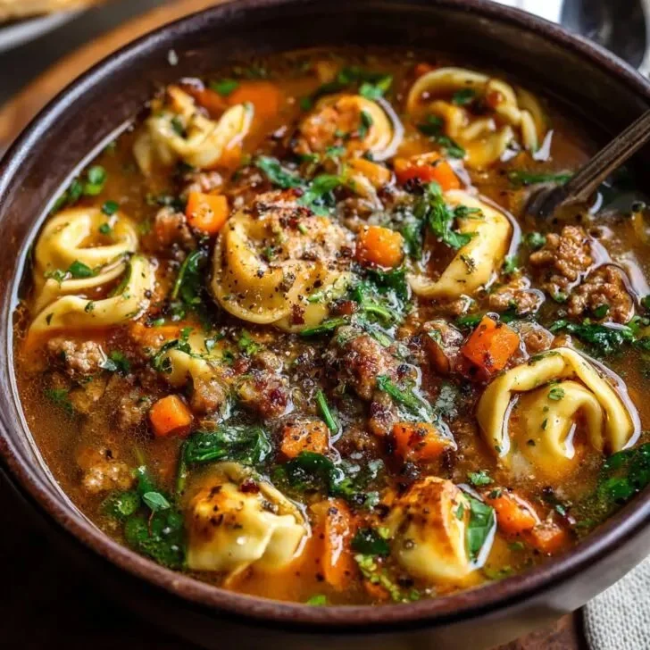 Delicious Autumn Tortellini Soup with Sausage served in a bowl