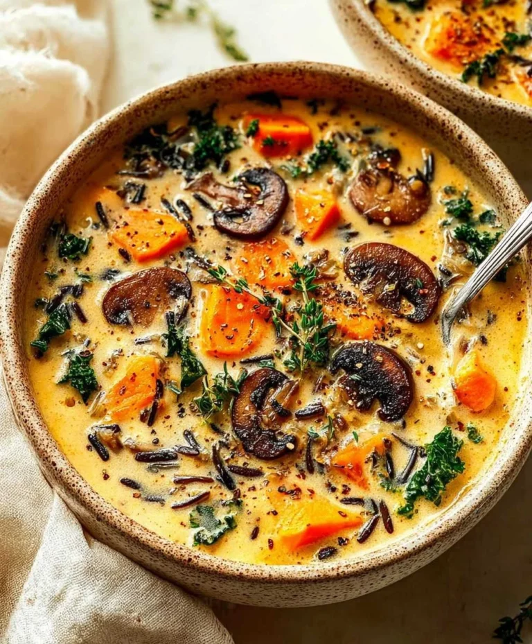Bowl of Autumn Wild Rice Soup with vegetables and herbs, a cozy fall dish