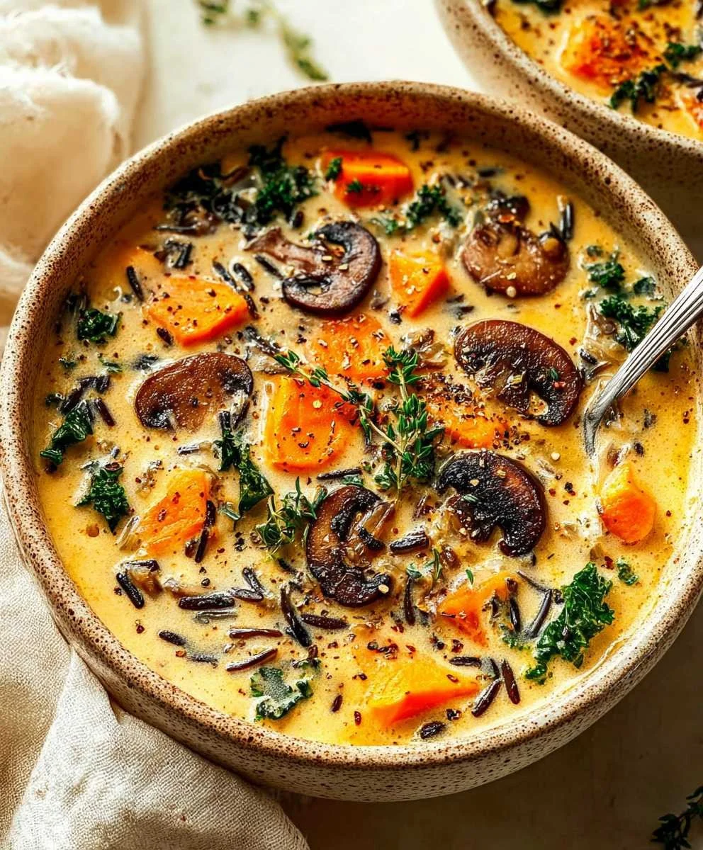 Bowl of Autumn Wild Rice Soup with vegetables and herbs, a cozy fall dish