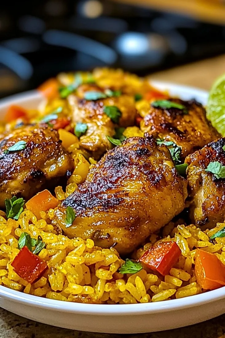 Delicious Caribbean Chicken served with rice and colorful vegetables