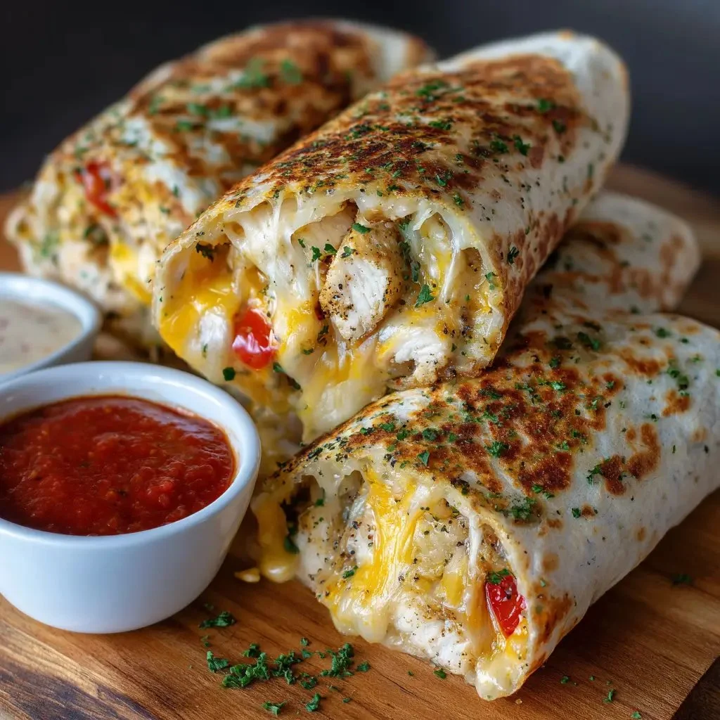 Delicious cheesy garlic chicken wraps on a plate ready to serve.