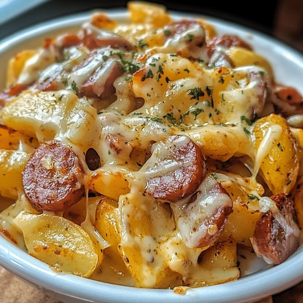 Cheesy ranch potatoes with smoked sausage served in a bowl.