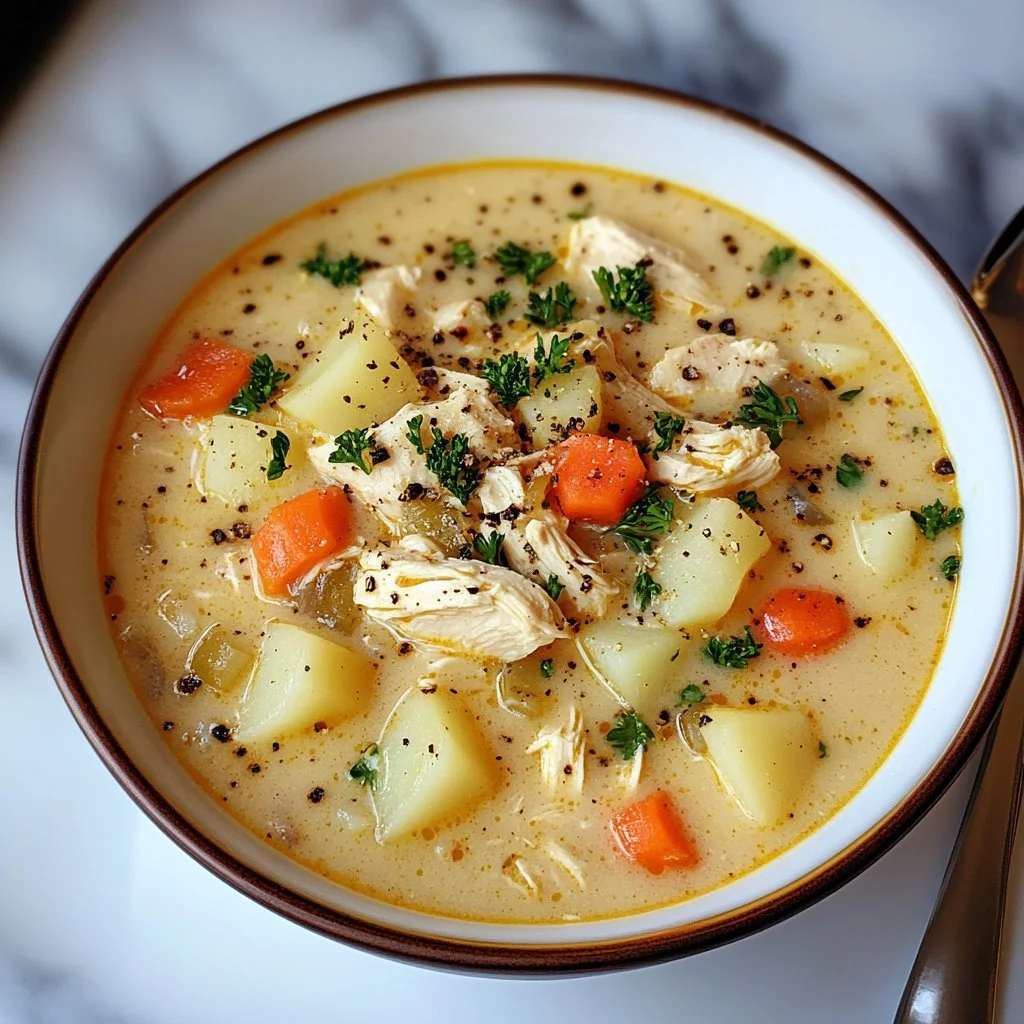 Bowl of creamy chicken potato soup garnished with herbs and fresh ingredients.