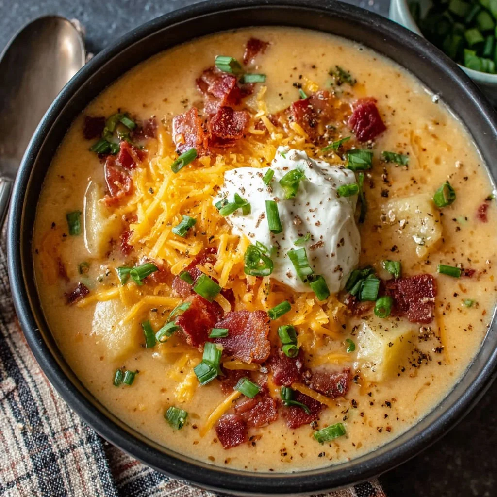 Bowl of comforting loaded baked potato soup with toppings.