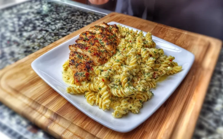 Creamy garlic parmesan chicken pasta served in a bowl with herbs
