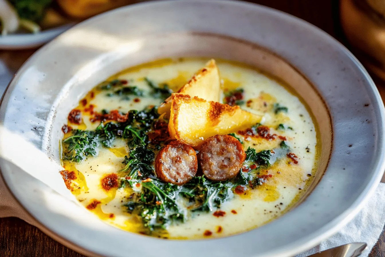 Creamy sausage and kale soup in a bowl garnished with fresh herbs