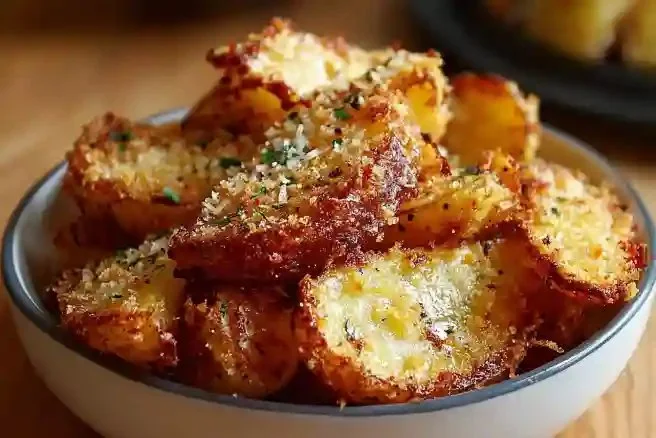 Bowl of crispy crunchy parmesan potatoes garnished with herbs