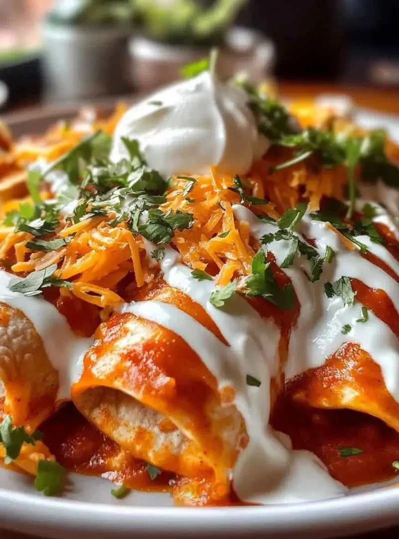 Plate of delicious chicken enchiladas topped with cheese and cilantro