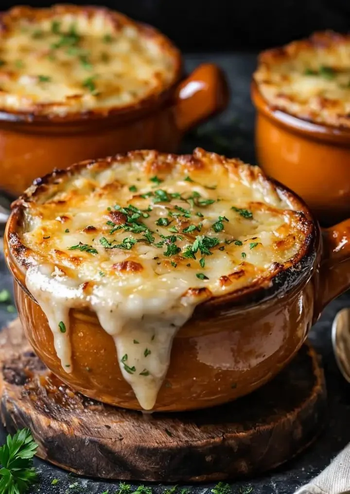 Bowl of delicious easy French onion soup topped with melted cheese and croutons.