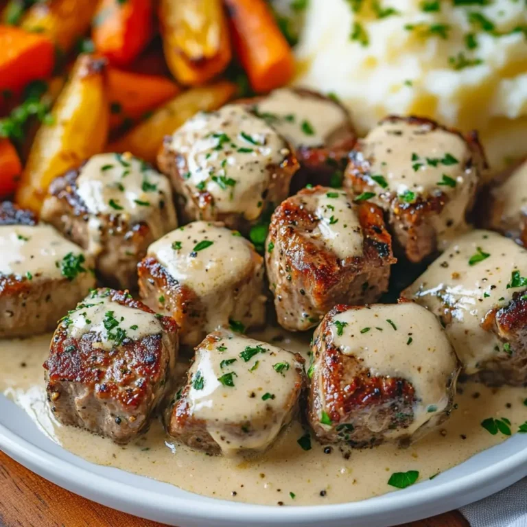 Garlic Butter Steak Bites with Parmesan Cream Sauce on a plate