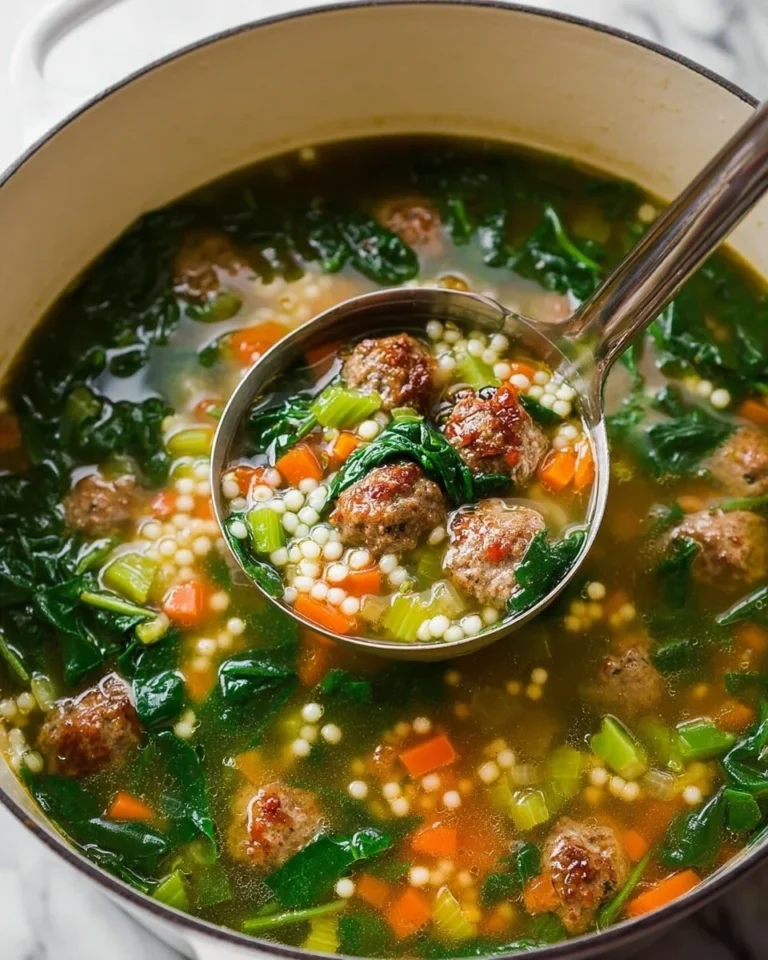 Bowl of Italian wedding soup with meatballs and greens