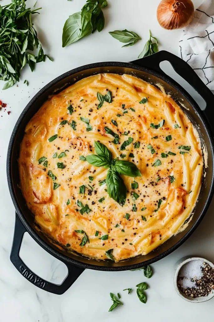 Delicious one pan creamy tomato pasta topped with fresh herbs
