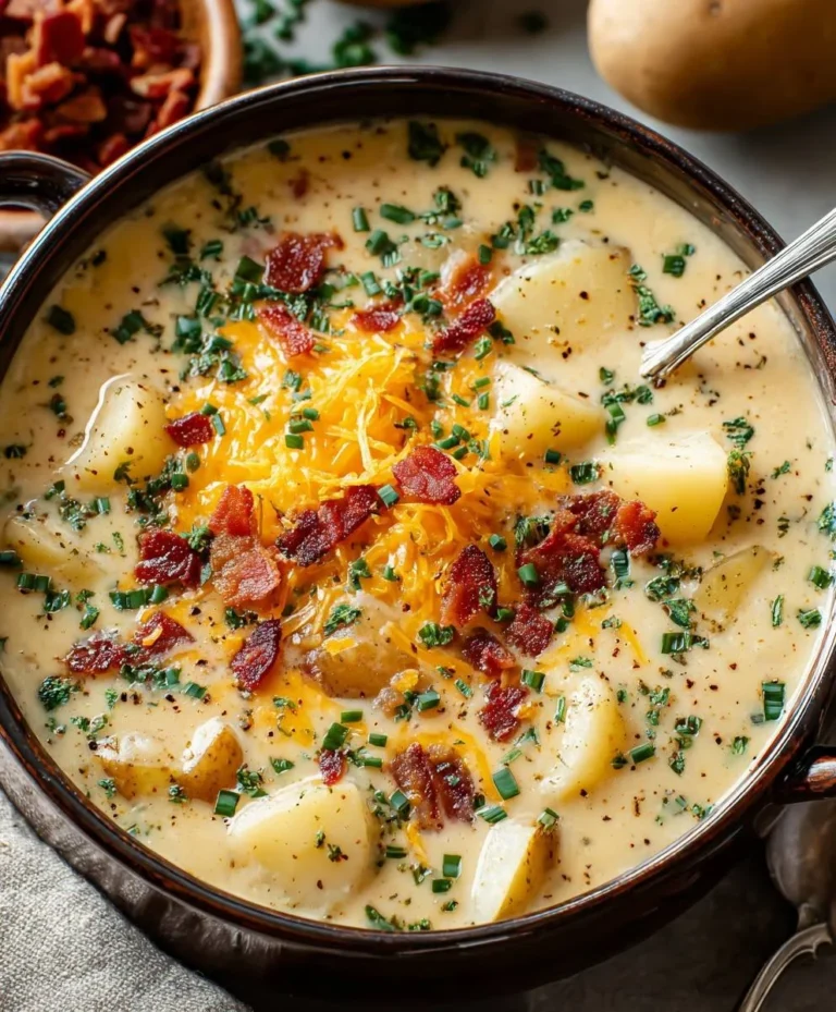 Bowl of creamy Outback potato soup garnished with chives and bacon