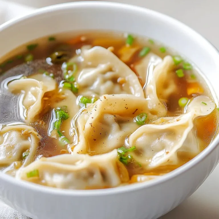A warm bowl of Potsticker Soup with dumplings and vegetables
