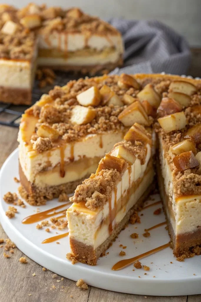Delicious salted caramel apple pie cheesecake slice on a plate