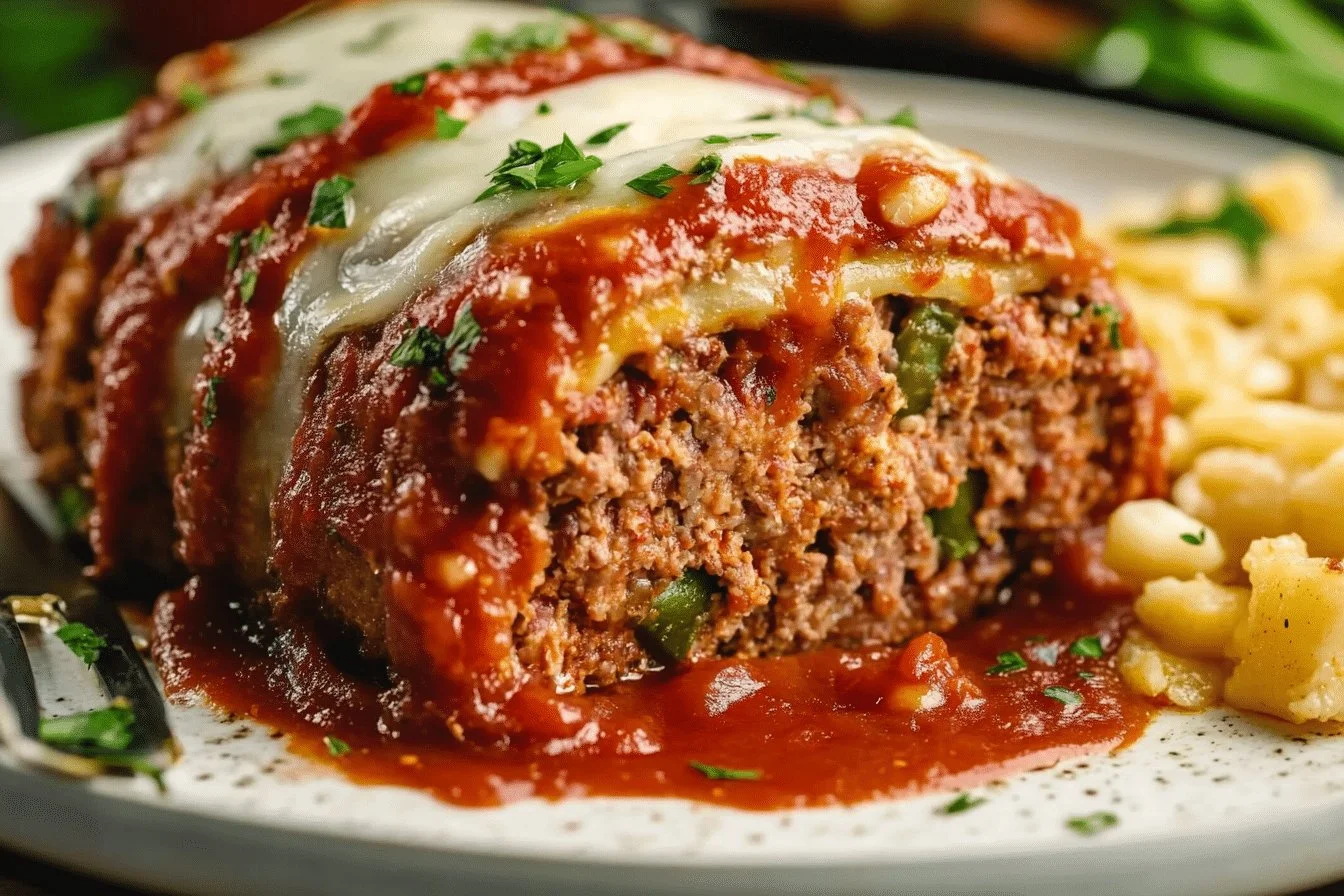 Stuffed Italian meatloaf with herbs and cheese on a serving platter