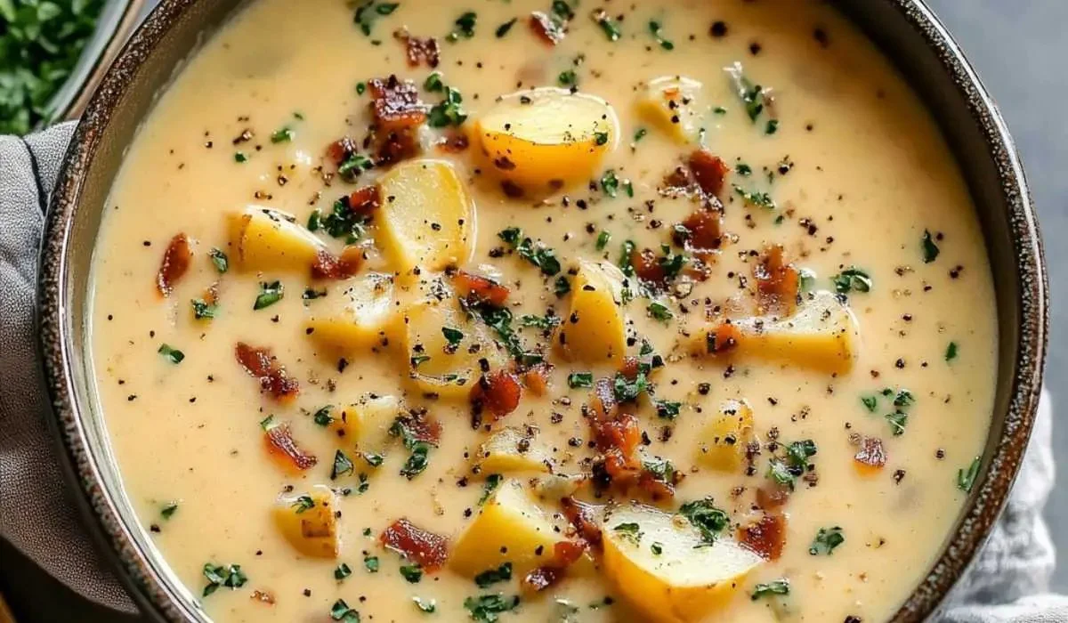 Delicious bowl of creamy potato soup garnished with herbs and served warm
